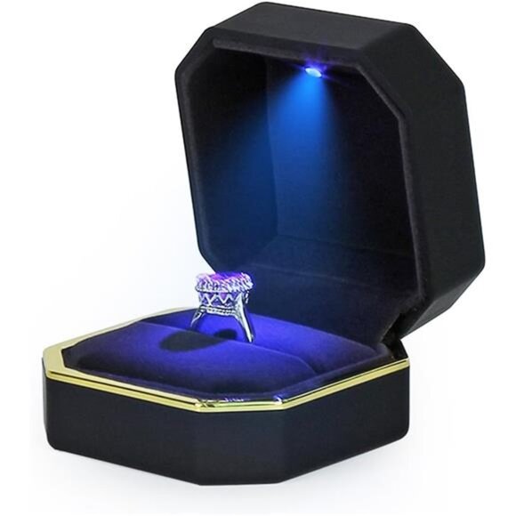 Luxury Ring Box, Square Velvet Wedding Ring Case Jewelry Gift Box with LED - Picture 3 of 6